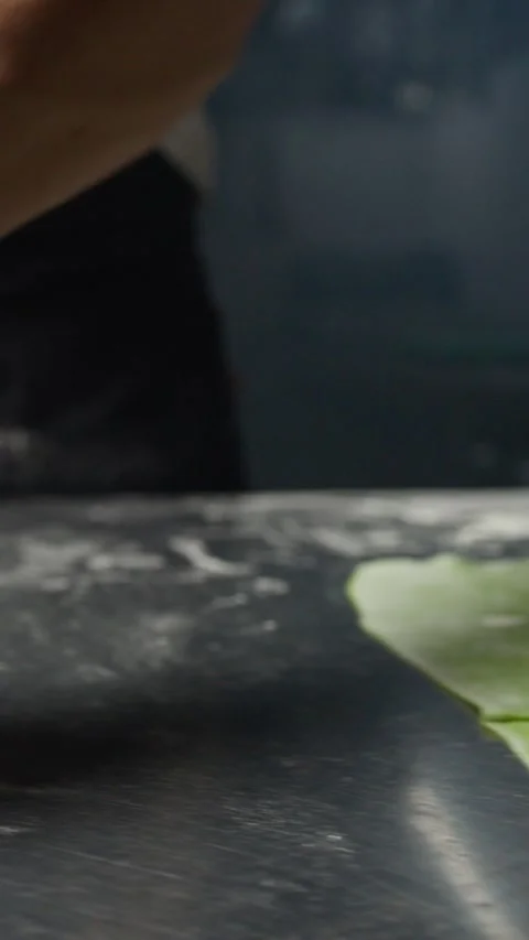 Rolling Pin Over The Flour On Green Dough Stock Footage 274410107