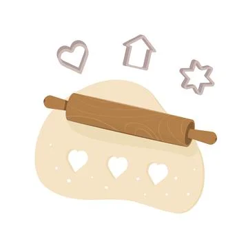 Rolling pin rolls out the dough. Cookie cutters. Cooking homemade cookies Stock Illustration