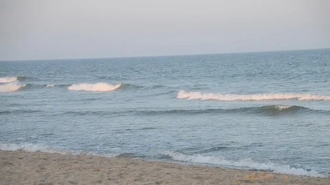 Rolling pink ocean waves at beach during sunset 3 with seagull Video stock 94821549