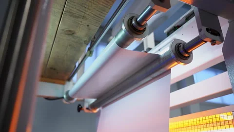 Rolling of plastic foil with automatic production line closeup Stock Footage 304427689