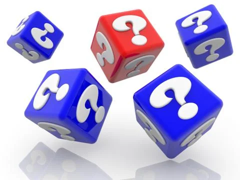 Rolling red and blue cubes with question marks concept on white Stock Illustration