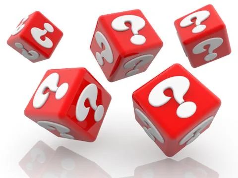 Rolling red cubes with question marks concept on white Stock Illustration