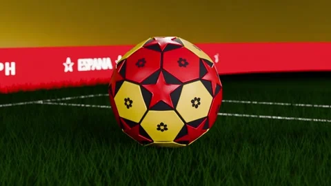 Rolling red-yellow soccer ball falling, bouncing, settling on green pitch after Stock Footage 333286216