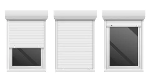 Rolling shutters. Realistic facade roller blind, window metal frame. 3D open and Ilustración de archivo