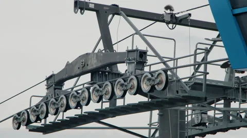Rolling wheels mechanism of the cableway system Stock Footage 266397802