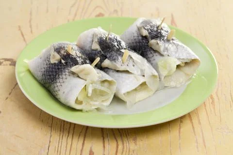 Rollmops on plate Stock Photos