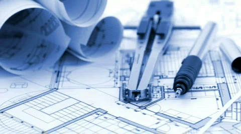 Rolls of architectural drawings &amp; tools Stock Footage 669624