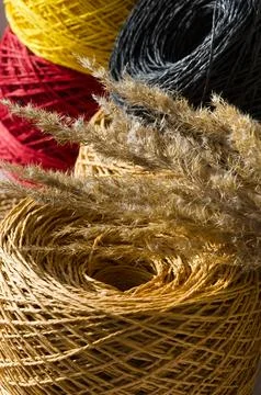 Rolls of colored raffia close-up and a branch of dry reeds. Skeins of multi.. Stock Photos