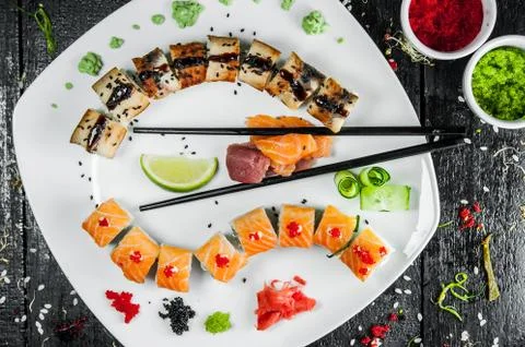 Rolls with eel and salmon Stock Photos