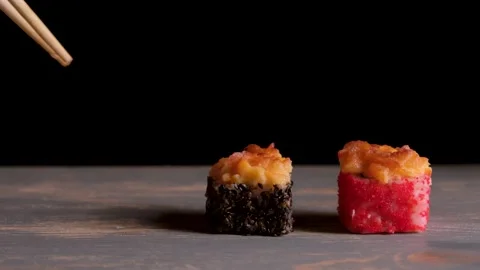 Rolls with fish and sauce. Stock Footage 137941114