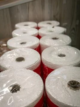 Rolls of foam underlayment for the Laminate Flooring in a shop Stock Photos