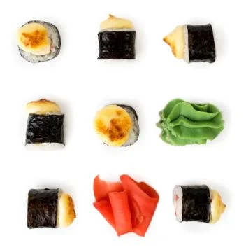 Rolls, ginger, wasabi on white background top view. Stock Photos