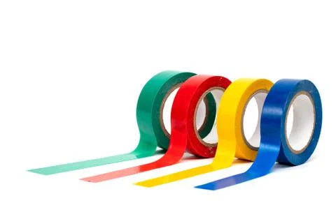 Rolls of insulation adhesive tape, multi colored ribbons on a white backgroun Fotos de archivo