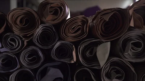 Rolls Of Leather In Different Colors On The Table. Stock Footage 266129474