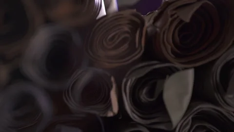 Rolls of leather in a factory. Leather Storage Stock Footage 266126379