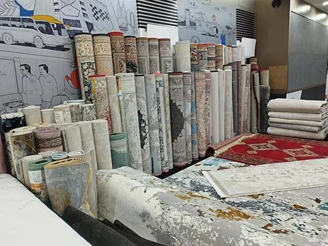 Rolls of luxurious carpets of various sizes and patterns in the showroom Stock Photos