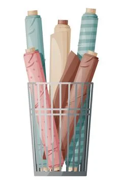 Rolls of multi-colored fabric in a metal basket in a sewing workshop or texti Stock Illustration