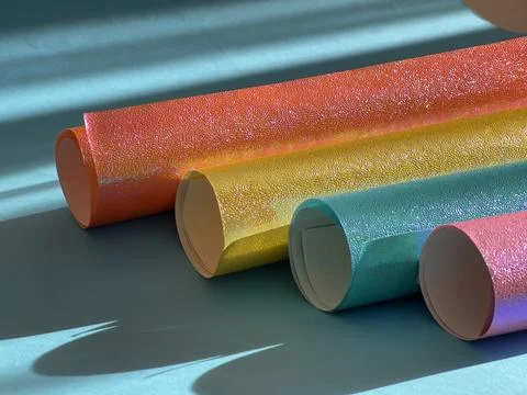 Rolls of multicoloured paper on a blue background, light and shadow Foto stock