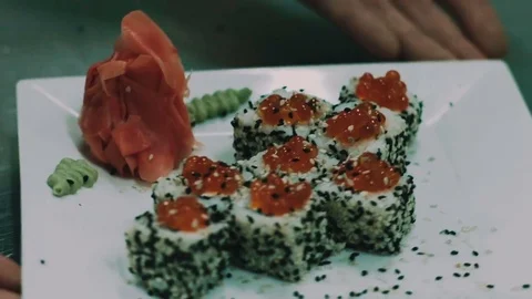 Rolls with red caviar close-up Video stock 76581835