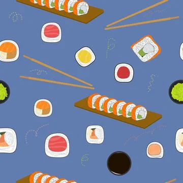 Rolls seamless pattern. Different types of rolls, chopsticks, sushi Stock Illustration