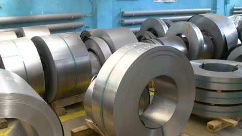 Rolls of sheet steel for press forming of products in the factory. Stock Footage 276962887
