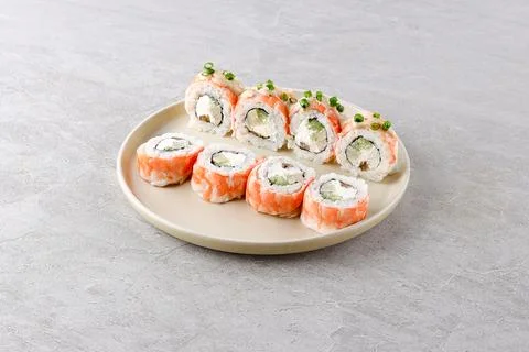 Rolls with shrimp on a white background studio shooting Stock Photos