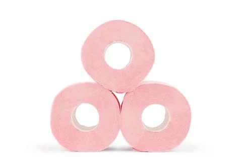 Rolls of soft three-layer pink toilet paper with sleeve Stock Photos