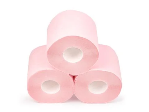 Rolls of soft three-layer pink toilet paper with sleeve Stock Photos