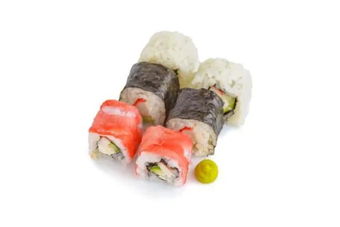 Rolls on a white isolated background, close-up. Japanese restaurant menu Stock Photos
