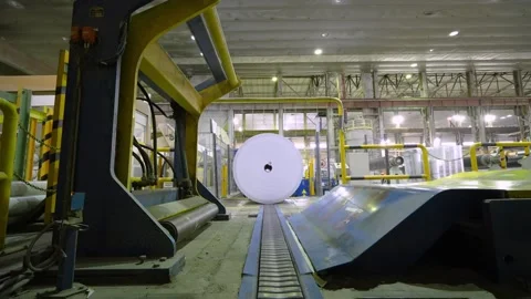 The rolls of white paper are moved along the conveyor belt to the warehouse Video stock 301514359