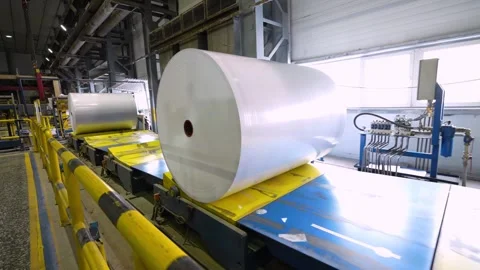 The rolls of white paper are moved along the conveyor belt to the warehouse Video stock 301514800