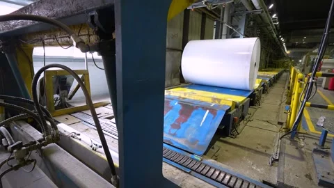The rolls of white paper are moved along the conveyor belt to the warehouse Video stock 301519552