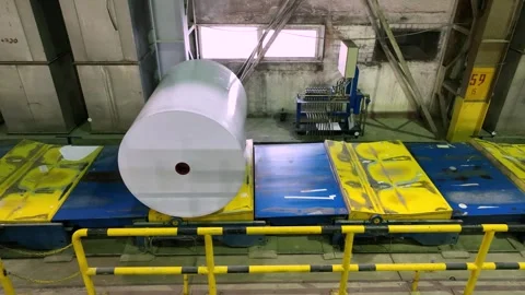 The rolls of white paper are moved along the conveyor belt to the warehouse Stockbeeldmateriaal 301520177