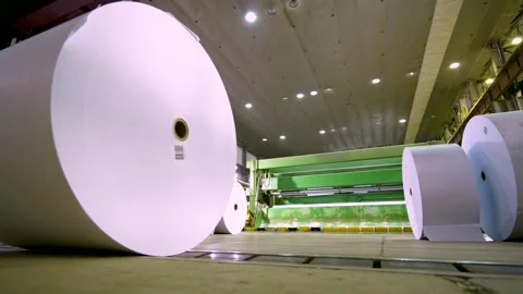 The rolls of white paper are moved along the conveyor belt to the warehouse Video stock 301530747