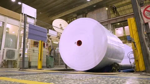 The rolls of white paper are moved along the conveyor belt to the warehouse Stockbeeldmateriaal 302064167
