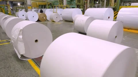 The rolls of white paper are moved along the conveyor belt to the warehouse Stockbeeldmateriaal 302069912