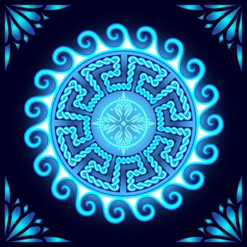 Roman ancient pagan pattern, circular ornament, neon light. Stock Illustration