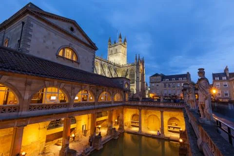 Roman Baths and Bath Abbey at Night Stock Photos