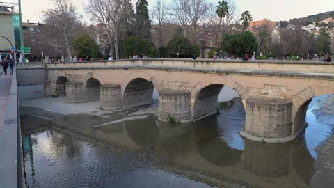 The Roman Bridge, an old arch bridge spanning the Genil river in Granada Stock Footage 254106629