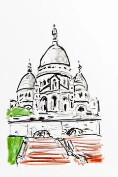 Roman catholic sacré-cur basilica, paris, france, drawing by gerhard kraus Illustrazione stock