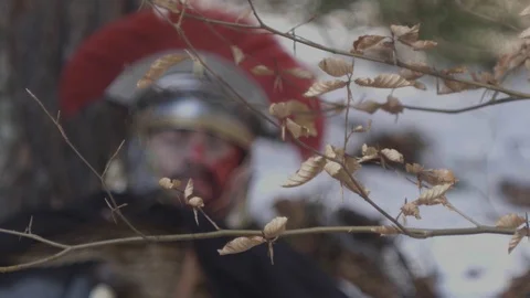 Roman centurion collapsed at the base of an old tree with a face full of blo Stock Footage 125999740