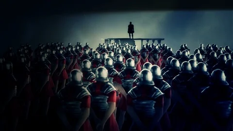 Roman Centurion Gives a Speech in Front of a Legion Under a Thunderstorm Stock Footage 107982974
