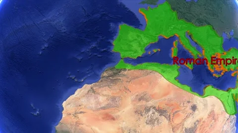 Roman Empire boundaries appear on a rotating world map - Ancient Civilization Stock Footage 339793331