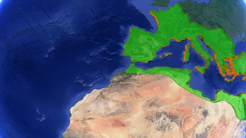 Roman Empire boundaries appear on a rotating world map - Educational Animation Stock Footage 339793337