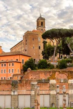 Roman Forum in the evening, a rectangular forum surrounded by the ruins of se Stock Photos