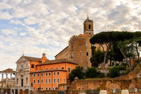 Roman Forum in the evening, a rectangular forum surrounded by the ruins of se Stock Photos
