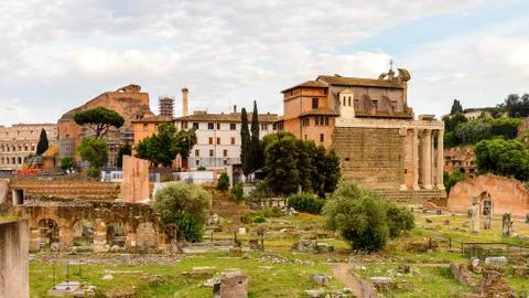 Roman Forum in the evening, a rectangular forum surrounded by the ruins of se Stock Photos