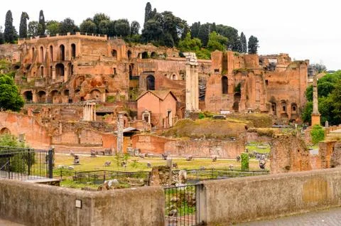 Roman Forum in the evening, a rectangular forum surrounded by the ruins of se Stock Photos