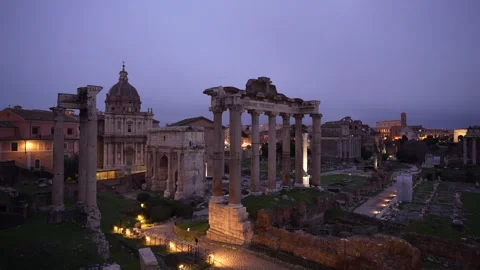Roman Forum at Sunset as Lights Turn On. Dusk, Night From Famous Viewpoint... Stock Footage 336511052