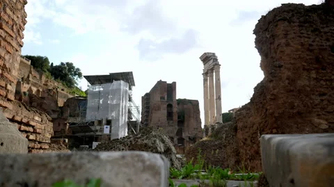 Roman Forum with the three columns remained from the temple of Castor and Pollux Stock Footage 143110044